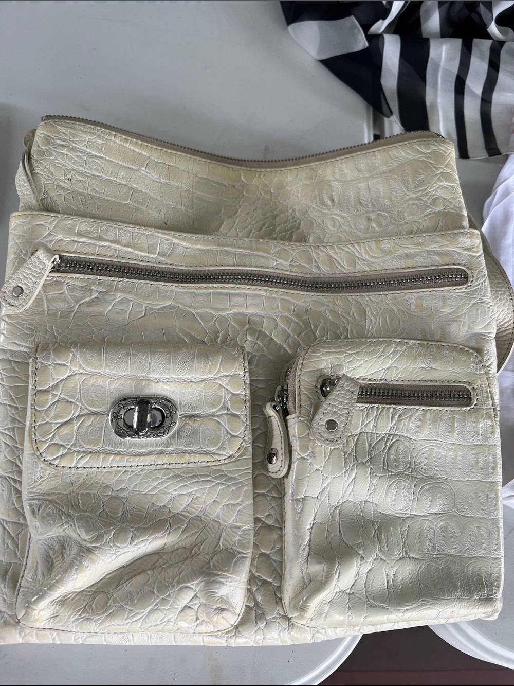 Brighton Cream Croc-Embossed Shoulder Bag with Front Pockets
